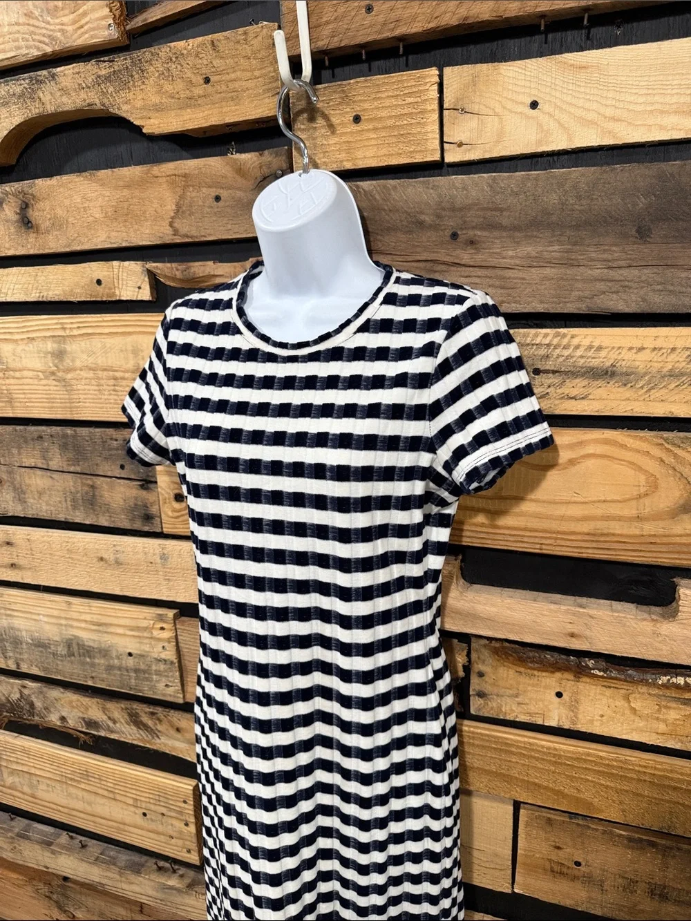 Madewell Texture & Thread Velvet Striped Tee Dress blue white Small
